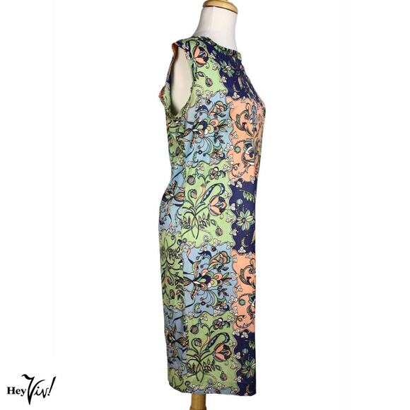 Vintage Mod Sheath Dress Bright Floral Stretch Knit Size Large B36 W36 - Hey Viv - Picture 2 of 6